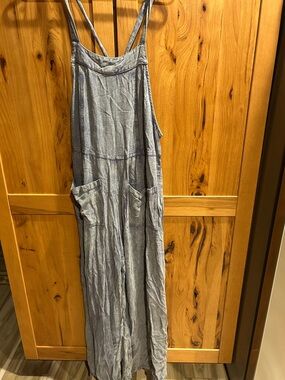 Kori Denim Blue Linen Blend Strappy Jumpsuit with Pockets